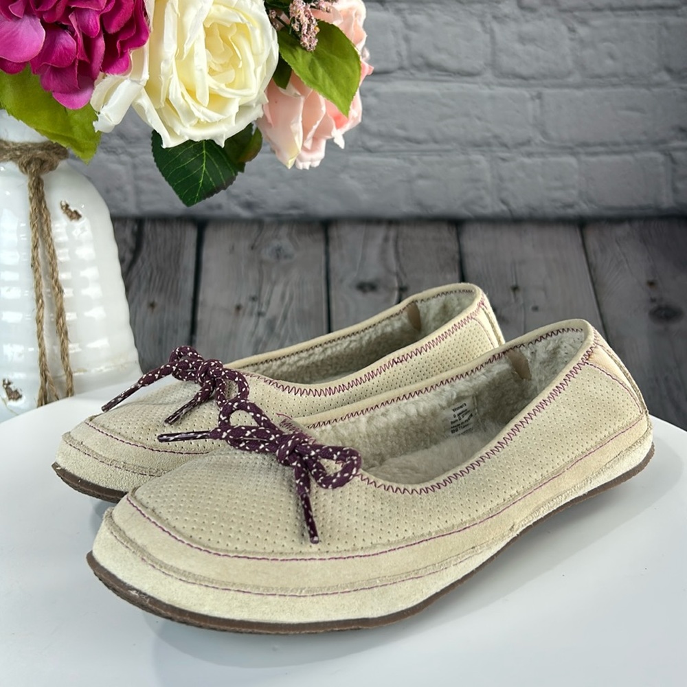 L.L. BEAN Cream Suede Slip On Fuzzy Hearthside Moccasin Slippers Ballet Flats